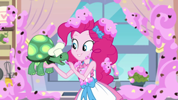 Size: 1920x1080 | Tagged: safe, screencap, pinkie pie, tank, tortoise, equestria girls, equestria girls series, g4, the craft of cookies, spoiler:eqg series (season 2), apron, clothes, dress, female, food, frosting, geode of sugar bombs, kitchen, magical geodes, solo
