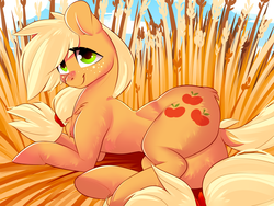 Size: 2000x1500 | Tagged: safe, artist:amberpendant, applejack, earth pony, pony, g4, anatomically incorrect, beautiful, butt, cottagecore, cute, dock, female, field, freckles, hair, hatless, incorrect leg anatomy, jackabetes, looking at you, lying, mare, missing accessory, plot, solo, tail, underhoof