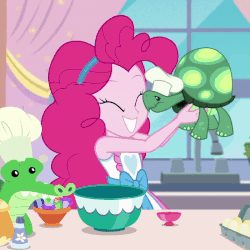 Size: 800x800 | Tagged: safe, screencap, gummy, pinkie pie, tank, equestria girls, g4, my little pony equestria girls: better together, the craft of cookies, animated, apron, bowl, cheek kiss, chef's hat, clothes, cropped, cute, diapinkes, egg, egg (food), floating heart, food, gif, hat, heart, how, kissing, kitchen, love, platonic kiss, plushie