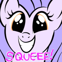 Size: 548x548 | Tagged: safe, artist:lannielona, pony, advertisement, animated, bust, commission, gif, grin, looking at you, meme, portrait, smiling, solo, squee, triggered, vibrating, your character here