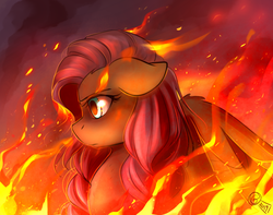Size: 950x750 | Tagged: safe, artist:cosmalumi, fluttershy, pegasus, pony, g4, angry, badass, bust, ears back, female, fire, flutterbadass, mare, profile, solo, spread wings, wings