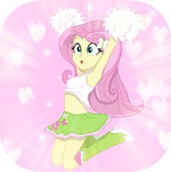 Size: 2275x2289 | Tagged: safe, artist:efk-san, fluttershy, butterfly, equestria girls, g4, armpits, belly button, boots, cheerleader, clothes, cute, female, gift art, heart, high heel boots, high res, midriff, miniskirt, pom pom, shirt, shoes, show accurate, shyabetes, skirt, sleeveless, socks, solo, tank top