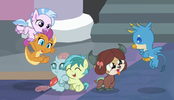 Size: 2780x1599 | Tagged: safe, artist:ridingonrainbows, gallus, ocellus, sandbar, silverstream, smolder, yona, changedling, changeling, classical hippogriff, dragon, earth pony, griffon, hippogriff, nymph, pony, yak, g4, baby, baby changedling, baby dragon, baby gallus, baby griffon, baby ocellus, baby pony, baby sandbar, baby silverstream, baby smolder, baby yona, behaving like a dog, bow, calf, chickub, cloven hooves, colored hooves, cute, diaocelles, diastreamies, dragoness, eyes closed, female, fledgeling, foal, gallabetes, hair bow, jewelry, male, monkey swings, necklace, open mouth, sandabetes, smolderbetes, student six, tongue out, yak calf, yonadorable, younger