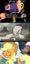 Size: 824x1713 | Tagged: safe, edit, edited screencap, screencap, applejack, fluttershy, pinkie pie, rainbow dash, twilight sparkle, duck, ferret, mouse, rabbit, squirrel, g4, my little pony best gift ever, over a barrel, the hooffields and mccolts, axe, candle, caption, clothes, comic, critters, edgy, hug, smug, text, train, tree, tree stump, weapon, winghug, winter outfit