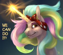 Size: 1500x1300 | Tagged: safe, artist:yarugreat, princess celestia, alicorn, pony, g4, female, glowing horn, horn, magic, mare, motivational, positive ponies, reference, rosie the riveter, smiling, solo, we can do it!, world war ii