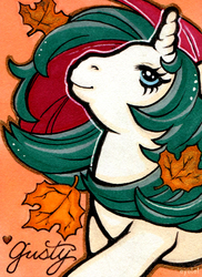 Size: 727x1000 | Tagged: safe, artist:heyeyelet, gusty, pony, unicorn, g1, leaf
