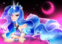 Size: 1600x1132 | Tagged: safe, artist:dyn4m1k3, princess luna, human, g4, beautiful, bedroom eyes, crescent moon, crown, cute, eared humanization, ethereal mane, eye clipping through hair, female, galaxy mane, horn, horned humanization, humanized, jewelry, lunabetes, moon, regalia, solo, starry mane, tailed humanization, winged humanization, wings