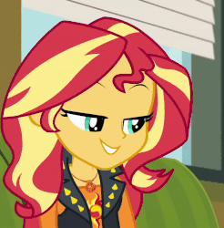 Size: 800x814 | Tagged: safe, screencap, sunset shimmer, equestria girls, equestria girls series, g4, text support, animated, clothes, cropped, cute, female, geode of empathy, gif, jewelry, leather, leather vest, magical geodes, necklace, shimmerbetes, shoulderless shirt, smiling, solo, text support: sunset shimmer, vest
