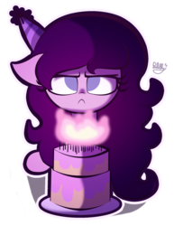 Size: 1683x2179 | Tagged: safe, artist:bubbly-storm, oc, oc only, pony, birthday cake, cake, female, food, hat, mare, party hat, simple background, solo, transparent background, unamused