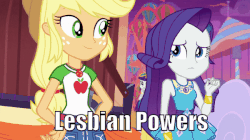 Size: 600x337 | Tagged: safe, edit, edited screencap, screencap, applejack, rarity, equestria girls, equestria girls specials, g4, my little pony equestria girls: better together, my little pony equestria girls: rollercoaster of friendship, animated, caption, female, geode of shielding, geode of super strength, gif, glowing, holding hands, image macro, lesbian, magical geodes, meme, ship:rarijack, shipping, text