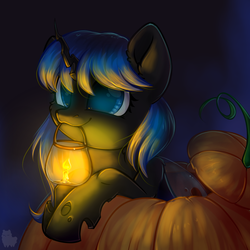 Size: 2500x2500 | Tagged: safe, artist:alphadesu, oc, oc only, oc:blue visions, changeling, blue changeling, changeling oc, female, high res, insect wings, lantern, pumpkin, solo, ych result