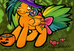 Size: 1000x698 | Tagged: safe, artist:heyeyelet, masquerade (g1), pegasus, pony, g1, bow, candy, food, halloween, hat, holiday, jack-o-lantern, lollipop, mouth hold, pumpkin, pumpkin bucket, tail bow, witch hat