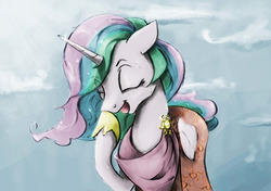 Size: 2341x1651 | Tagged: safe, artist:cookiedesu, color edit, edit, princess celestia, alicorn, pony, g4, clothes, cloud, colored, cute, cutelestia, dress, eyes closed, female, hoof shoes, laughing, mare, solo