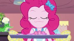 Size: 800x450 | Tagged: safe, edit, edited edit, screencap, gummy, pinkie pie, equestria girls, equestria girls series, g4, the craft of cookies, spoiler:eqg series (season 2), :3, animated, apron, baking, baking sheet, chef's hat, clothes, cookie, food, gif, hat, oven mitts