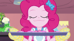 Size: 800x450 | Tagged: safe, edit, edited edit, edited screencap, screencap, gummy, pinkie pie, equestria girls, g4, my little pony equestria girls: better together, the craft of cookies, :3, animated, baking, baking sheet, baking-tin, cookie, eyes closed, food, gif, oven mitts, speech, speed up