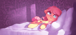 Size: 2817x1303 | Tagged: safe, artist:freeedon, fluttershy, pegasus, pony, g4, bed, bedroom, cute, eye clipping through hair, female, floppy ears, hair over one eye, indoors, looking up, mare, on bed, on side, pillow, shyabetes, signature, solo, stray strand