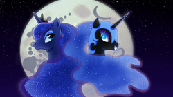Size: 1600x900 | Tagged: safe, artist:erinsoup, nightmare moon, princess luna, alicorn, pony, g4, alter ego, armor, bust, crown, duality, ethereal mane, female, full moon, grin, horn, jewelry, lightly watermarked, mare, mare in the moon, moon, night, portrait, profile, regalia, smiling, starry mane, starry night, stars, tiara, watermark