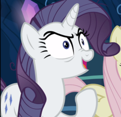 Size: 967x935 | Tagged: safe, screencap, mean rarity, pony, unicorn, g4, the mean 6, clone, cropped, female, horn, mare, nose wrinkle, offscreen character, raised hoof, solo focus