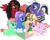 Size: 4697x3793 | Tagged: safe, artist:lightning stripe, derpibooru exclusive, oc, oc only, oc:beetle beat, oc:cascara, oc:everstar, oc:flowerlocks, oc:hercules, oc:lightning stripe, oc:misty mint, beetle, earth pony, pegasus, pony, rhinoceros beetle, unicorn, g4, :p, black and white mane, black mane, blue, blue coat, brown eyes, clothes, coat markings, cross-eyed, dappled, eyelashes, eyeliner, female, fluttering, flying, freckles, front view, glasses, green, green coat, green eyes, group, group shot, hair over one eye, headphones, horn, jumping, lidded eyes, long hair, long mane, long tail, lying, lying down, magenta, magenta eyes, makeup, mare, open mouth, pink, pink coat, ponytail, purple, purple eyes, purple hair, purple mane, red, red and black oc, red coat, red eyes, scarf, short hair, short mane, short tail, show accurate, silly, simple background, sitting, smiling, socks, socks (coat markings), spiky hair, spiky mane, striped mane, striped socks, stripes, sweater, tongue out, transparent background, two toned mane, wings, yellow, yellow coat