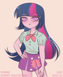 Size: 750x920 | Tagged: safe, artist:cinyanmon, twilight sparkle, human, equestria girls, g4, :>, clothes, cute, empty eyes, eyebrows, eyebrows visible through hair, female, hand on hip, looking at you, miniskirt, no nose, pink background, pleated skirt, simple background, skirt, smiling, solo, sparkles, twiabetes
