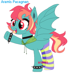 Size: 416x424 | Tagged: safe, artist:onedayhm, artist:selenaede, oc, oc only, oc:rainbow screech, bat pony, pony, icey-verse, base used, bat pony oc, choker, clothes, female, hood, magical lesbian spawn, mare, next generation, offspring, parent:evil pie hater dash, parent:flutterbat, parent:fluttershy, parent:rainbow dash, parents:flutterdash, parents:piehaterbat, raised hoof, simple background, socks, solo, spiked wristband, striped socks, white background, wristband