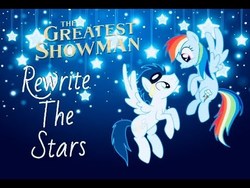 Size: 480x360 | Tagged: safe, rainbow dash, soarin', pony, g4, female, male, rewrite the stars, ship:soarindash, shipping, straight, text, the greatest showman