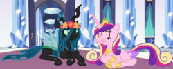 Size: 1660x662 | Tagged: dead source, safe, artist:princess-kitsune-tsu, artist:sollace, princess cadance, queen chrysalis, alicorn, changeling, changeling queen, pony, g4, blushing, crown, cute, cutealis, eyes closed, female, floral head wreath, flower, hoof shoes, infidelity, interspecies, jewelry, lesbian, lying down, mare, regalia, ship:cadalis, shipping, smiling