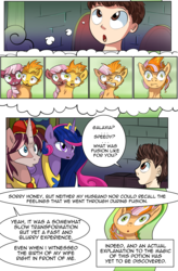 Size: 1800x2740 | Tagged: safe, artist:candyclumsy, oc, oc:king speedy hooves, oc:learning curve, oc:queen galaxia (bigonionbean), oc:tommy the human, alicorn, human, pony, comic:fusing the fusions, comic:royal drama, alicorn oc, body horror, comic, commissioner:bigonionbean, dialogue, fusion, fusion:big macintosh, fusion:cheerilee, fusion:flash sentry, fusion:princess cadance, fusion:princess celestia, fusion:princess luna, fusion:shining armor, fusion:spitfire, fusion:trouble shoes, fusion:twilight sparkle, human oc, merge, merging, writer:bigonionbean