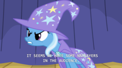 Size: 1280x711 | Tagged: safe, screencap, trixie, pony, boast busters, g4, clothes, female, hat, mare, pun, solo, subtitles, trixie's hat