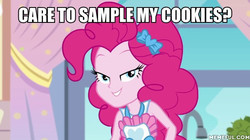 Size: 600x337 | Tagged: safe, edit, edited screencap, screencap, pinkie pie, equestria girls, g4, my little pony equestria girls: better together, the craft of cookies, bedroom eyes, caption, female, image macro, innuendo, memeful.com, text