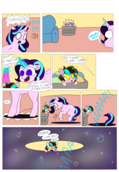 Size: 1280x1847 | Tagged: safe, artist:doodletheexpoodle, starlight glimmer, oc, oc:pocket watch, earth pony, pony, unicorn, comic:magic mayhem, g4, blank eyes, comic, female, filly, laundry basket, missing cutie mark, mother and daughter, offspring, parent:doctor whooves, parent:starlight glimmer, parents:starwhooves, portal, simple background, speech bubble, transparent background