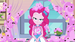 Size: 1920x1080 | Tagged: safe, screencap, pinkie pie, equestria girls, g4, my little pony equestria girls: better together, the craft of cookies, animation error, apron, bedroom eyes, clothes, cute, diapinkes, dress, female, food, frosting, geode of sugar bombs, kitchen, lidded eyes, magical geodes, solo, stupid sexy pinkie
