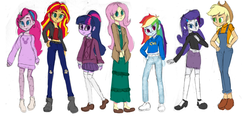 Size: 2020x957 | Tagged: dead source, safe, artist:pettypop, applejack, fluttershy, pinkie pie, rainbow dash, rarity, sci-twi, sunset shimmer, twilight sparkle, human, equestria girls, g4, clothes, colored pupils, cute, dashabetes, diapinkes, dungarees, ear piercing, earring, female, headband, high heels, humane five, humane seven, humane six, jackabetes, jeans, jewelry, long socks, miniskirt, off shoulder, overalls, pants, piercing, pleated skirt, raribetes, ripped jeans, shimmerbetes, shoes, shyabetes, simple background, skirt, socks, sweatshirt, thigh highs, thigh socks, twiabetes, white background, zettai ryouiki