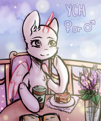 Size: 2000x2400 | Tagged: safe, artist:zefirka, pony, cake, coffee, commission, flower, food, high res, solo, your character here