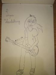 Size: 526x702 | Tagged: safe, artist:shooting star, lyra heartstrings, human, unicorn, anthro, fanfic:anthropology, g4, fanfic, fanfic art, female, guitar, monochrome, open mouth, solo, traditional art