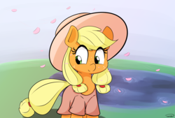 Size: 3496x2362 | Tagged: safe, artist:taurson, applejack, earth pony, pony, g4, clothes, cute, female, freckles, hat, high res, jackabetes, mare, smiling, solo, spring, weapons-grade cute