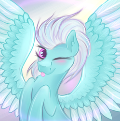 Size: 2300x2310 | Tagged: safe, artist:twiontheline, fleetfoot, pegasus, pony, g4, :p, blushing, chest fluff, cute, diafleetes, ear fluff, female, heart eyes, high res, one eye closed, silly, solo, spread wings, tongue out, two toned wings, wingding eyes, wings, wink