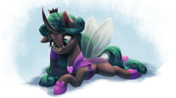 Size: 2500x1400 | Tagged: safe, artist:vanillaghosties, idw, queen chrysalis, changeling, changeling queen, g4, spoiler:comic, clothes, cute, cutealis, female, mirror universe, reversalis, solo
