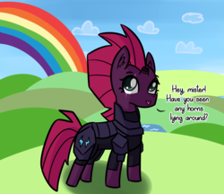 Size: 2124x1833 | Tagged: safe, artist:artiks, tempest shadow, pony, unicorn, g4, broken horn, bronybait, cloud, cute, dialogue, female, horn, looking at you, mare, rainbow, redraw, solo, tempestbetes