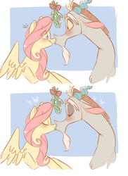 Size: 1925x2649 | Tagged: safe, artist:waackery, discord, fluttershy, draconequus, pegasus, pony, g4, blushing, eyes closed, female, kissing, looking at each other, male, mare, mistletoe, ship:discoshy, shipping, straight