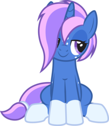Size: 1803x2074 | Tagged: safe, artist:lightning stripe, derpibooru exclusive, oc, oc only, oc:everstar, pony, unicorn, g4, blue, blue coat, coat markings, dappled, eyelashes, female, freckles, front view, hair over one eye, horn, mare, purple eyes, purple hair, purple mane, show accurate, simple background, sitting, socks (coat markings), solo, transparent background