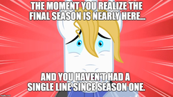 Size: 888x499 | Tagged: safe, edit, edited screencap, screencap, prince blueblood, pony, g4, season 1, season 9, the best night ever, caption, end of ponies, image macro, in-universe brony, male, meme, oh crap, scared, stallion, text, wtf
