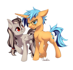 Size: 915x873 | Tagged: source needed, safe, artist:moenkin, oc, oc:indicia, oc:xante leon, changeling, pegasus, pony, blue eyes, changeling oc, couple, disguise, disguised changeling, duo, female, male, mare, red eyes, shipping, xandicia