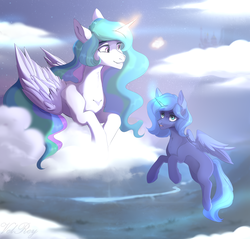 Size: 2760x2640 | Tagged: safe, artist:velirenrey, princess celestia, princess luna, alicorn, pony, g4, blank flank, cloud, cute, cutelestia, duo, female, filly, flying, glowing horn, high res, horn, lunabetes, magic, mare, missing accessory, missing cutie mark, river, royal sisters, s1 luna, scenery, siblings, sisters, sky, younger