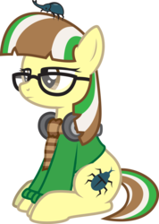 Size: 1556x2184 | Tagged: safe, artist:lightning stripe, oc, oc only, oc:beetle beat, oc:hercules, beetle, earth pony, pony, rhinoceros beetle, g4, brown eyes, clothes, cutie mark, female, glasses, headphones, mare, scarf, show accurate, simple background, sitting, solo, sweater, this happy ending, transparent background