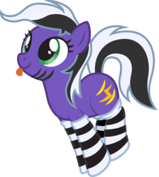 Size: 1995x2229 | Tagged: safe, artist:lightning stripe, derpibooru exclusive, oc, oc only, oc:lightning stripe, earth pony, pony, g4, :p, black and white mane, clothes, cross-eyed, cute, cutie mark, female, green eyes, jumping, mare, purple, show accurate, silly, simple background, socks, solo, striped socks, stripes, tongue out, transparent background