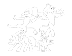 Size: 1280x998 | Tagged: safe, artist:carnifex, gilda, rainbow dash, oc, oc:gren, oc:rainbow feather, griffon, hippogriff, g4, black and white, family, grayscale, interspecies offspring, magical lesbian spawn, monochrome, ninja, offspring, parent:gilda, parent:rainbow dash, parents:gildash, pose