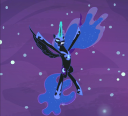 Size: 985x890 | Tagged: safe, screencap, nightmare moon, alicorn, pony, a royal problem, g4, belly, cropped, female, flying, glowing horn, gritted teeth, hooves in air, horn, mare, slender, solo, thin