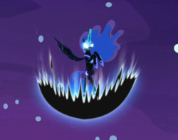 Size: 723x570 | Tagged: safe, screencap, nightmare moon, alicorn, pony, a royal problem, g4, cropped, darkness, female, flying, glowing eyes, glowing horn, hooves to the chest, horn, magic, magic aura