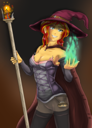 Size: 1385x1920 | Tagged: safe, artist:symptom99, sunset shimmer, equestria girls, g4, armpits, breasts, clothes, costume, female, fire, grin, halloween, halloween costume, hat, holiday, looking at you, slime, smiling, solo, witch, witch hat